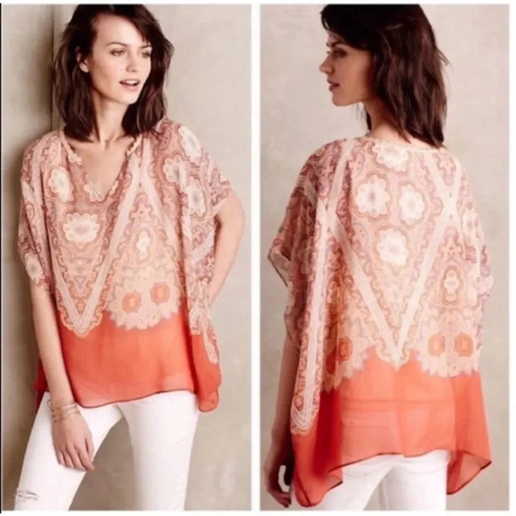 Maeve Nalina 100% Silk Gauzy Poncho Style Paisley Tunic Top XS Multicolor Boho - Picture 3 of 9